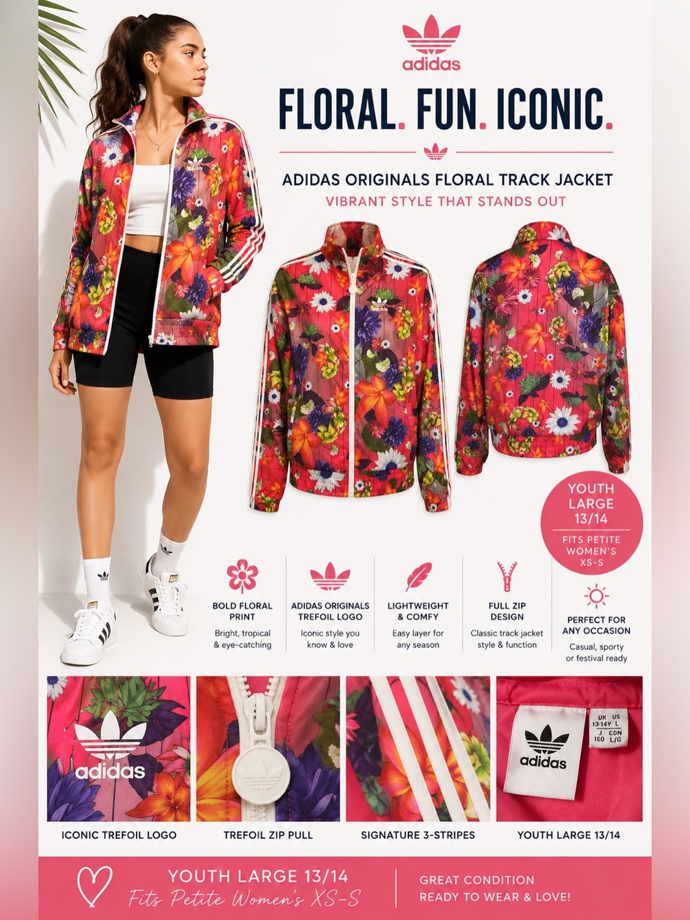 Adidas Originals Floral Track Jacket Youth Large 13/14 Pink Tropical Full Zip